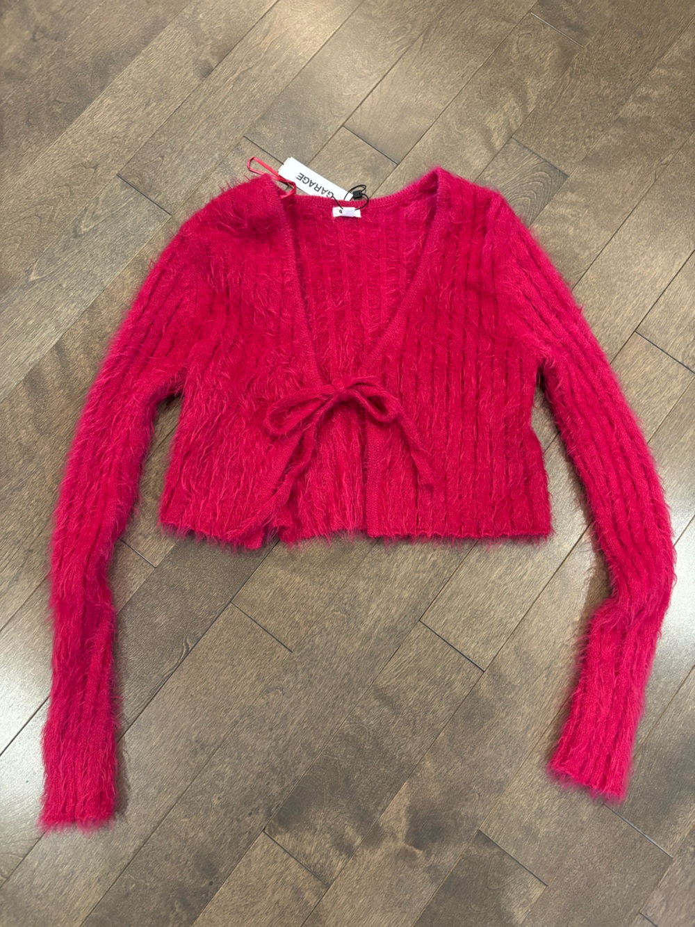 Garage Fuzzy Tie-Front Cropped Cardigan - Hot Pink